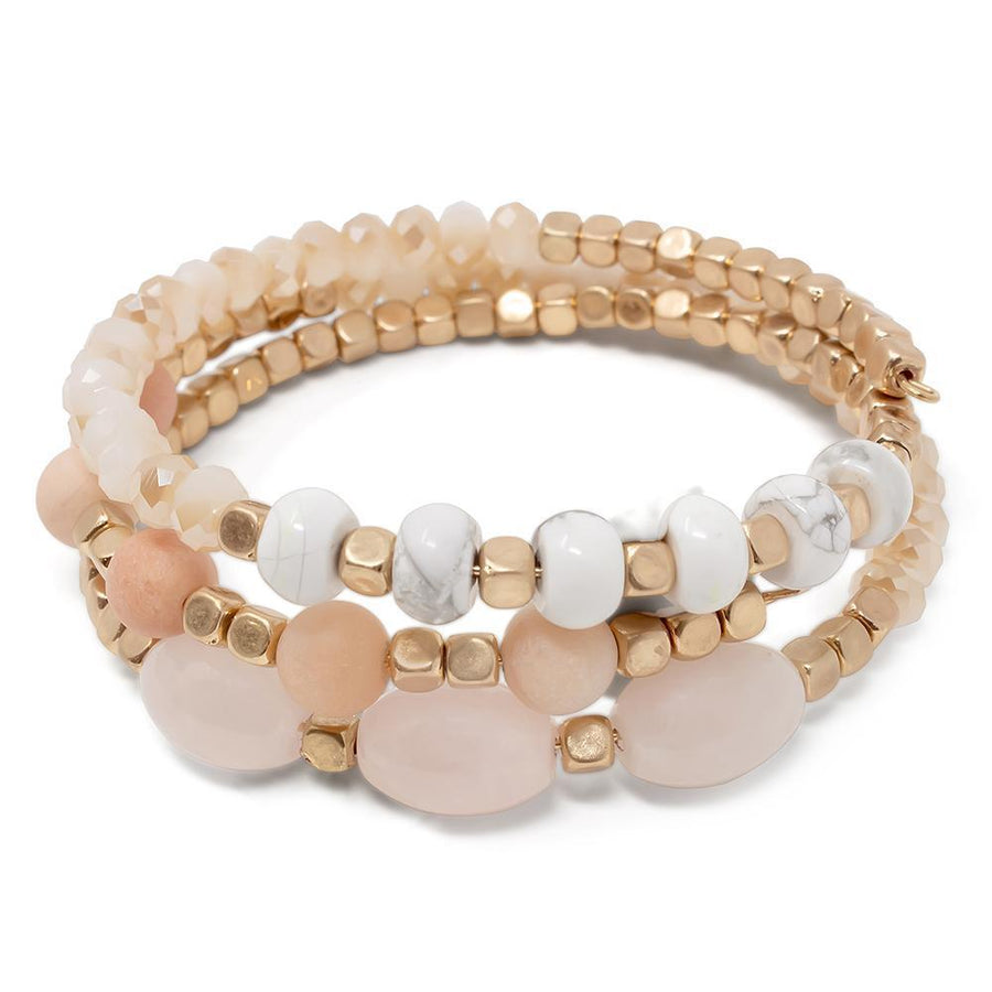 Peach Glass Bead Wrap Bracelet Oval Stone GoldT - Mimmic Fashion Jewelry