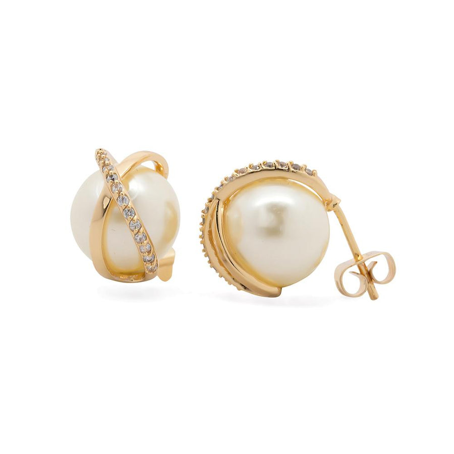 Pearl Earrings w/ GoldPlated Pave CrossOver - Mimmic Fashion Jewelry