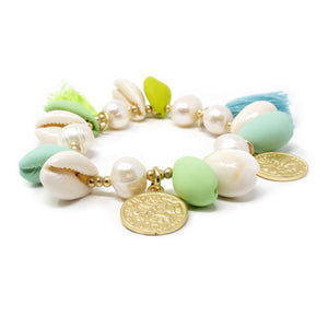 Pearl Stretch Bracelet W Sea Shell and Coin Charm Mint - Mimmic Fashion Jewelry