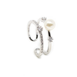 Pearl W Pave Band Ring Rhodium Pl - Mimmic Fashion Jewelry