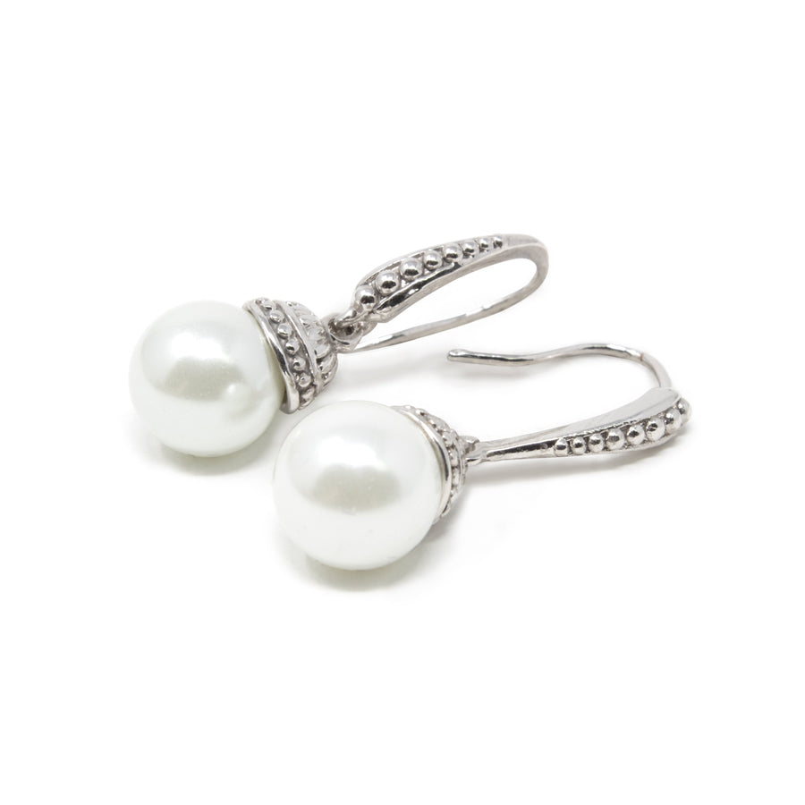 Pearl in Bell Drop Earrings Rhodium Plated - Mimmic Fashion Jewelry