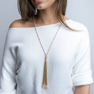 Pink Glass Bead Long Neck With Beaded Tassel Gold T - Mimmic Fashion Jewelry