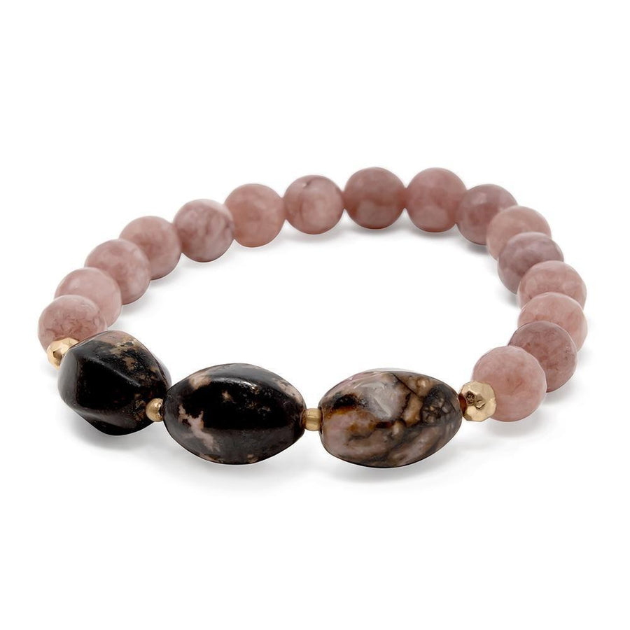 Pink St Beaded Stch Bracelet With 3 Oval Stone - Mimmic Fashion Jewelry