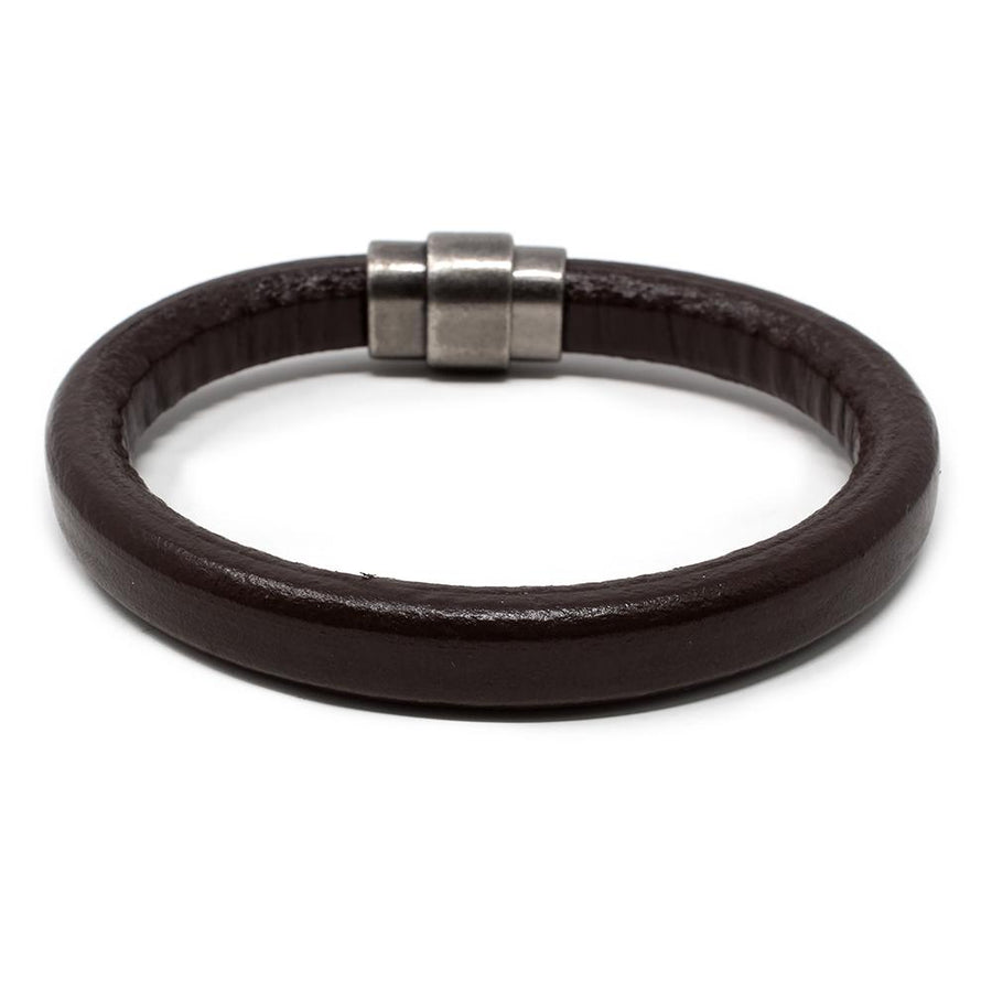 Plain Leather Bracelet with Antique Silver Clasp Brown Medium - Mimmic Fashion Jewelry