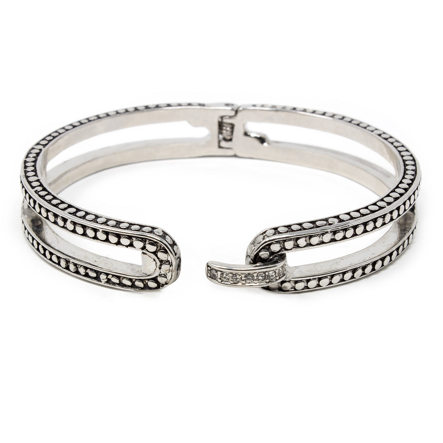 Rhodium Dotted Bangle Bracelet with Crystal Link - Mimmic Fashion Jewelry