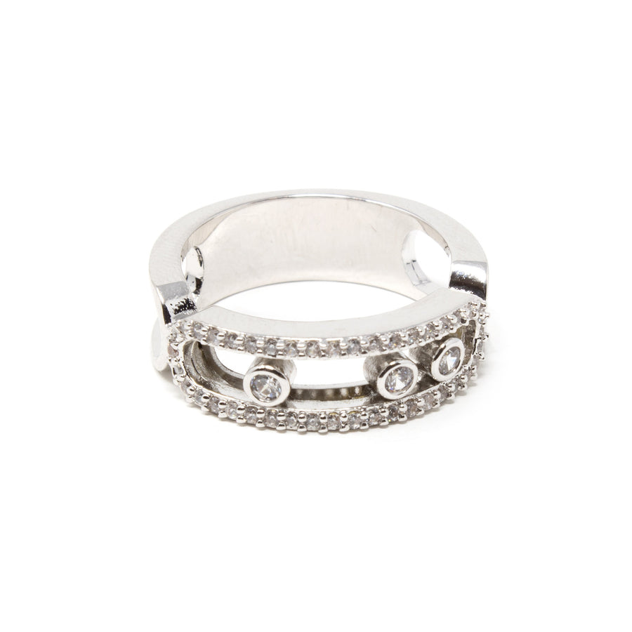 Rhodium PL Ring with 3 CZ Sliding - Mimmic Fashion Jewelry