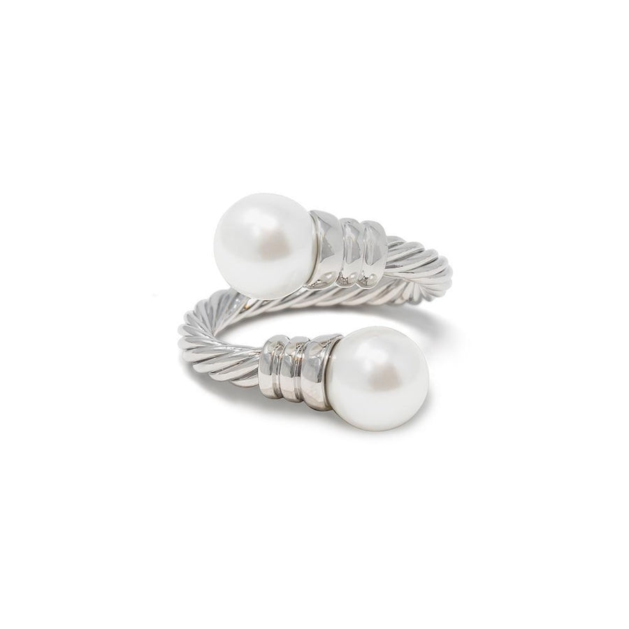 Rhodium Plated Adjustable Cable Ring Pearl - Mimmic Fashion Jewelry