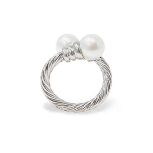 Rhodium Pl Adjustable Cable Ring Pearl - Mimmic Fashion Jewelry