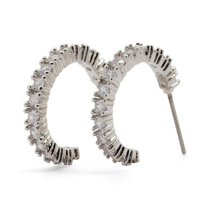 Rhodium Plated Half Hoop CZ Earrings - Mimmic Fashion Jewelry