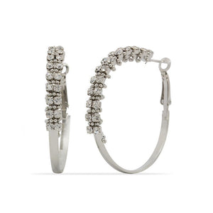 Rhodium Plated Hoop Two Row CZ Earrings 40mm - Mimmic Fashion Jewelry