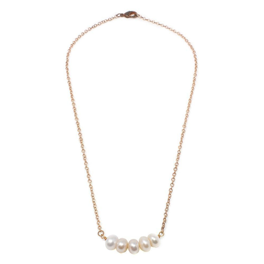 Rose Gold Tone Necklace with Five Fresh Water Pearls - Mimmic Fashion Jewelry