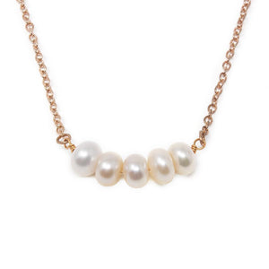 Rose Gold Tone Necklace with Five Fresh Water Pearls - Mimmic Fashion Jewelry