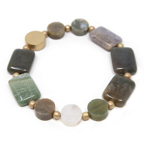 Semi Precious Stone Stretch Bracelet with Gold Disc Green - Mimmic Fashion Jewelry