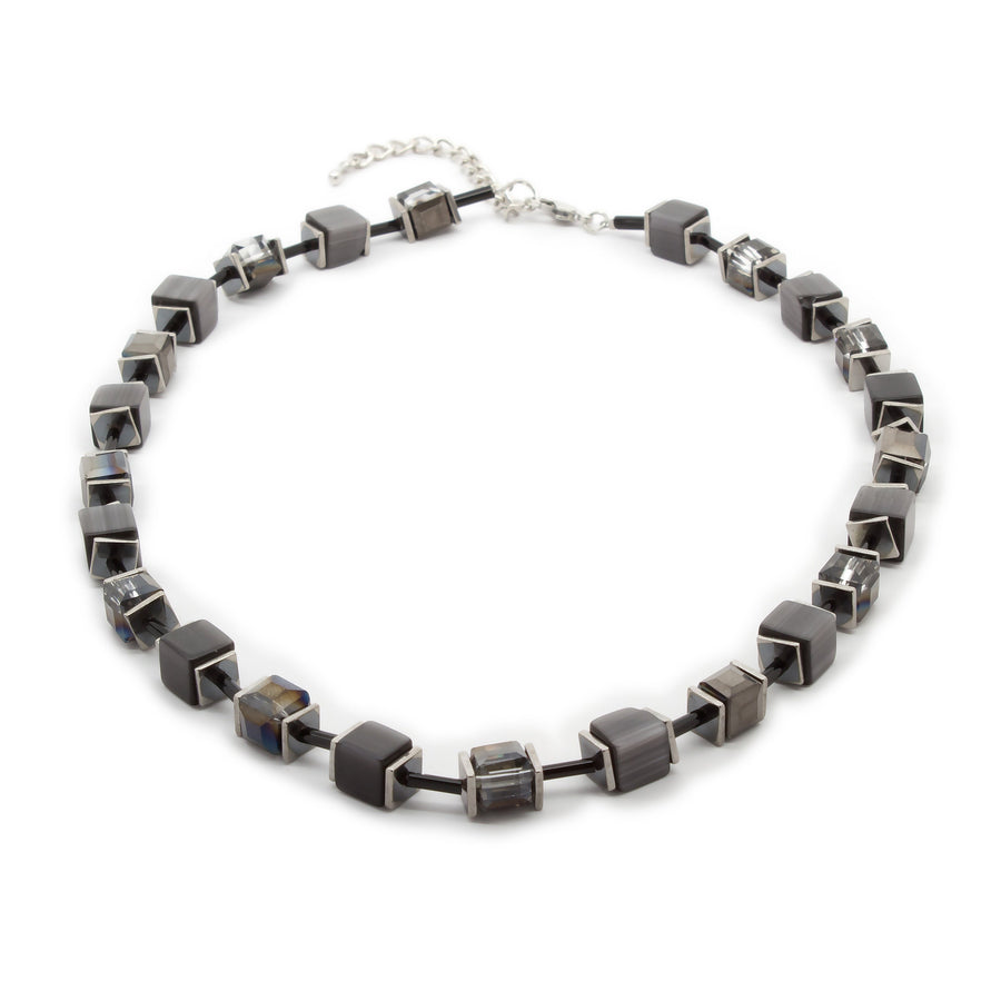 Semi Precious Stone and Crystal Cube Necklace Dark Grey - Mimmic Fashion Jewelry