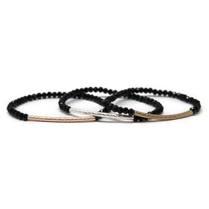 Set of 6 Bk Bead Stretch Bracelet 3 Tone - Mimmic Fashion Jewelry