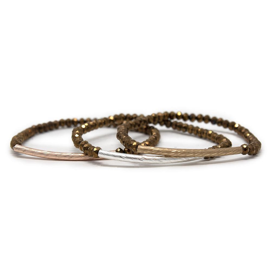 Set of 6 Bn Bead Stretch Bracelet 3 Tone - Mimmic Fashion Jewelry