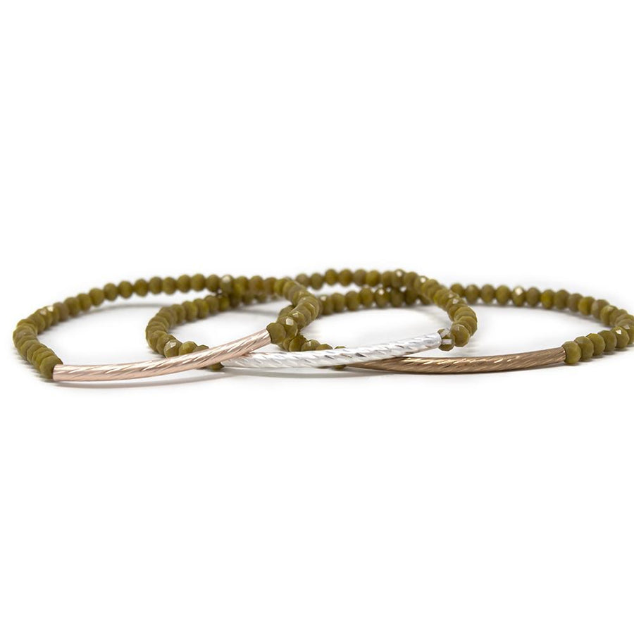 Set of 6 Gn Bead Stretch Bracelet 3 Tone - Mimmic Fashion Jewelry