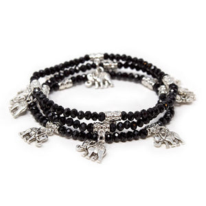 Set of Three Glass Bead Bracelets with Elephant Charms Black - Mimmic Fashion Jewelry
