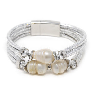 Silver Leather Bracelet With Pearls Station - Mimmic Fashion Jewelry