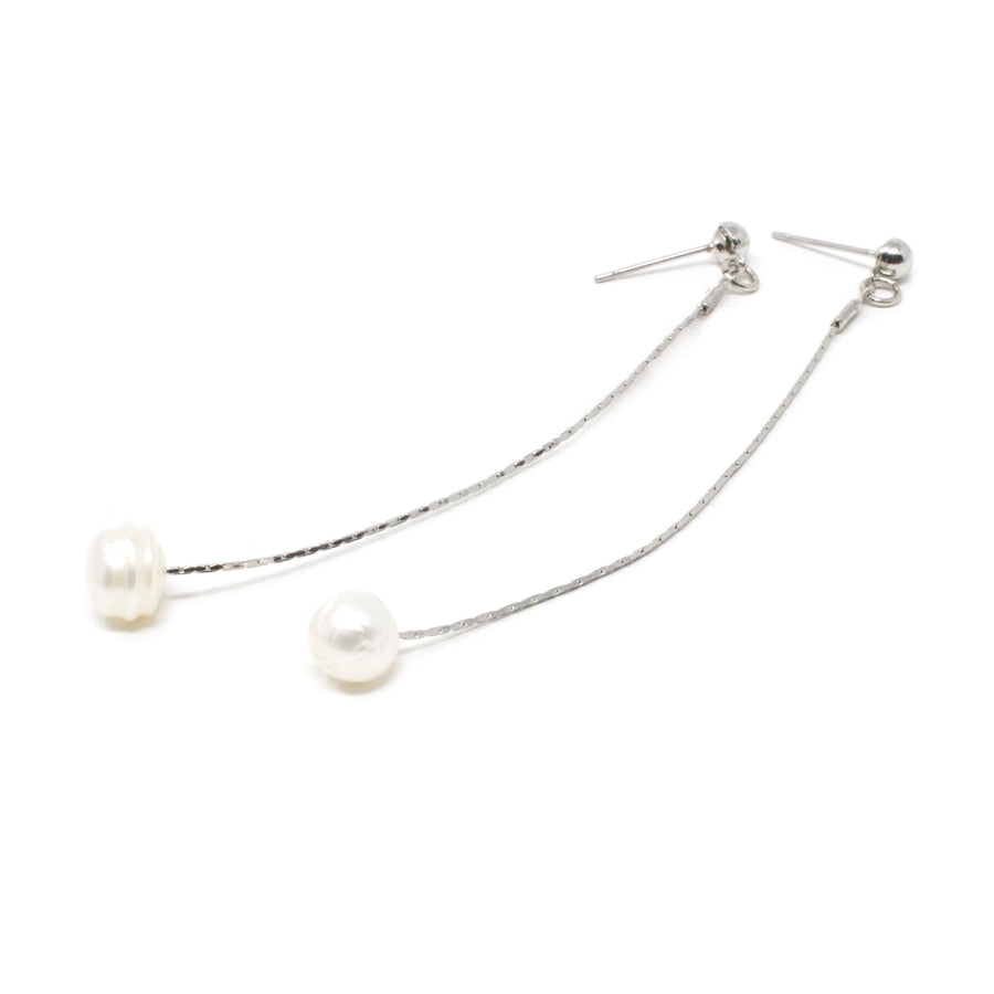 Single Pearl Drop Earrings Rhodium Plated - Mimmic Fashion Jewelry