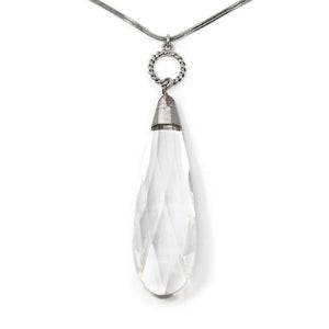Snake Chain Long Necklace Clear Teardrop Pendant Silver Toned - Mimmic Fashion Jewelry
