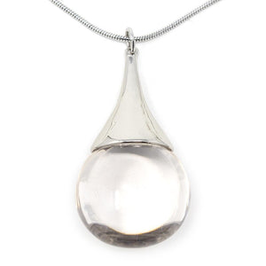 Snake Chain Long Necklace Glass Teardrop Pendant Silver Toned - Mimmic Fashion Jewelry