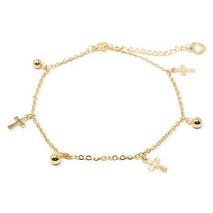 Stainless St Anklet with Cross and Ball Charms Gold Pl - Mimmic Fashion Jewelry