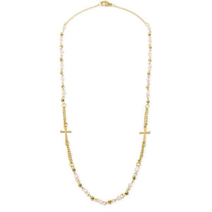 Stainless St Beaded Cross Necklace Gld Pl - Mimmic Fashion Jewelry