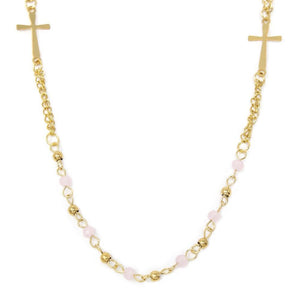 Stainless St Beaded Cross Necklace Gld Pl - Mimmic Fashion Jewelry
