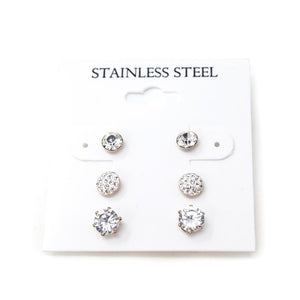 Stainless St CZ Stud Earrings Set of Three R Gold Pl - Mimmic Fashion Jewelry