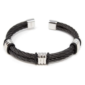 Stainless St Double Wire Bracelet W Three Barrels Black - Mimmic Fashion Jewelry