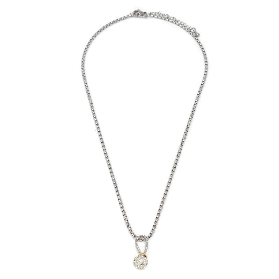 Stainless St Necklace with Two Tone Pave Ball Pendant - Mimmic Fashion Jewelry