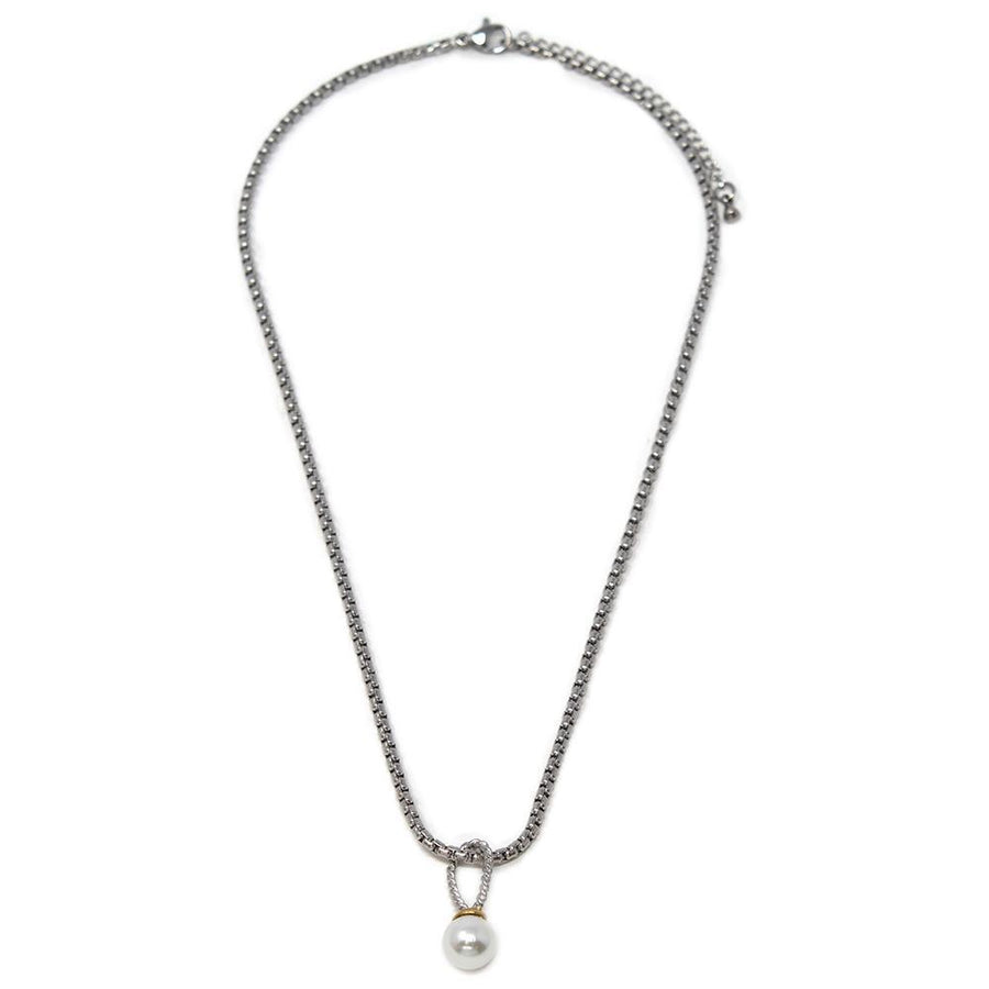 Stainless St Necklace with Two Tone Pearl Ball Pendant - Mimmic Fashion Jewelry