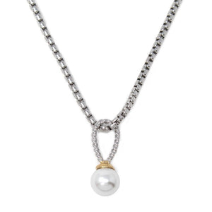 Stainless St Necklace with Two Tone Pearl Ball Pendant - Mimmic Fashion Jewelry