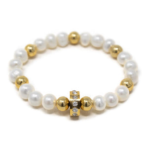 Stainless St Pearl and Ball Stretch Bracelet Crystal Gld Pl - Mimmic Fashion Jewelry