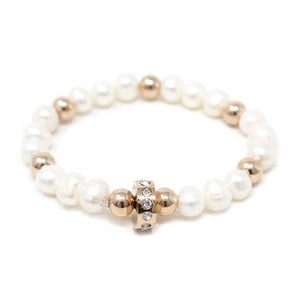 Stainless St Pearl and Ball Stretch Bracelet Crystal R Gld Pl - Mimmic Fashion Jewelry