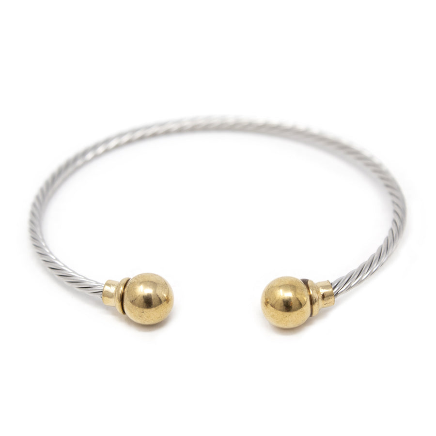Stainless St Two Tone Cable Bangle Gold Ball - Mimmic Fashion Jewelry