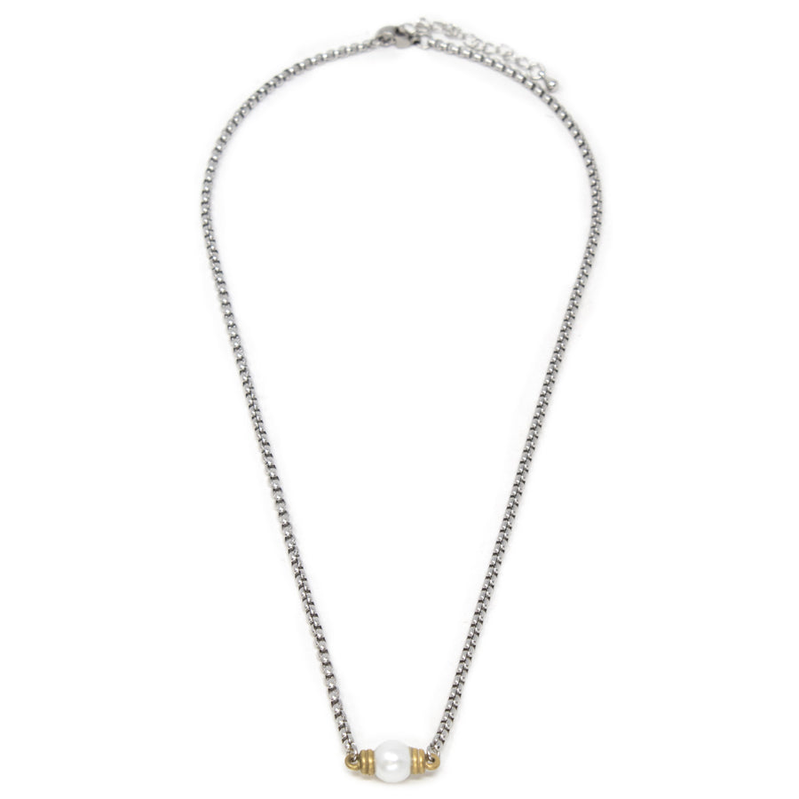 Stainless St Two Tone Necklace Pearl Station - Mimmic Fashion Jewelry
