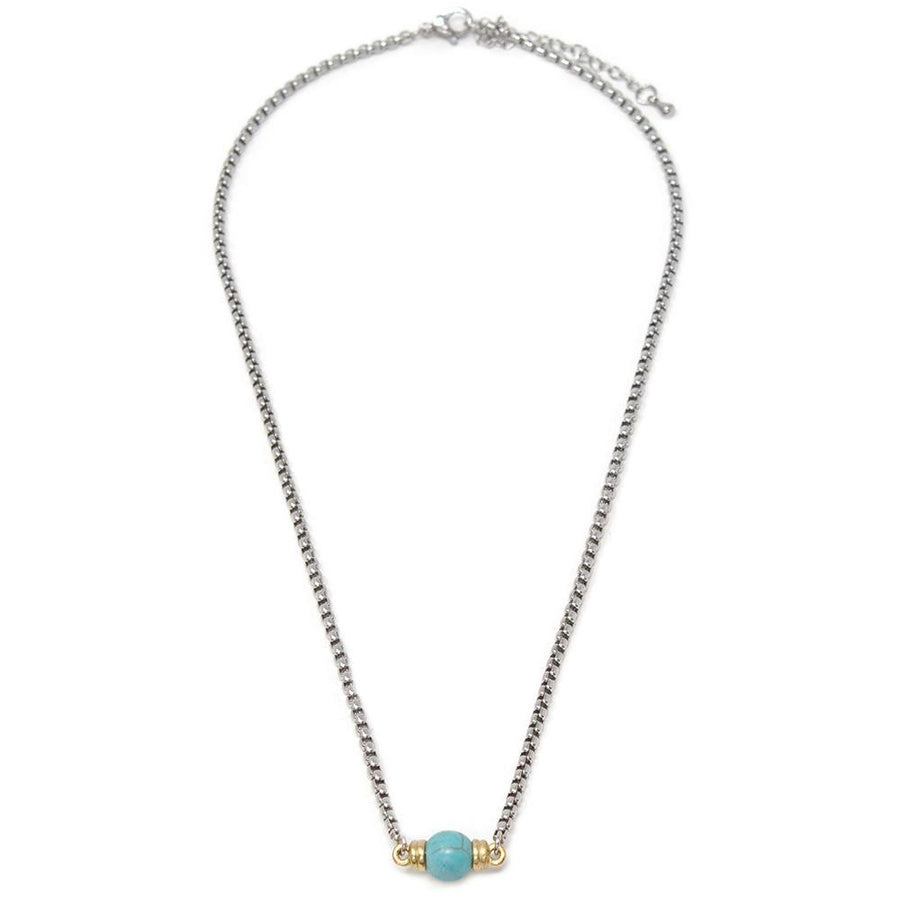 Stainless St Two Tone Necklace Turquoise Station - Mimmic Fashion Jewelry
