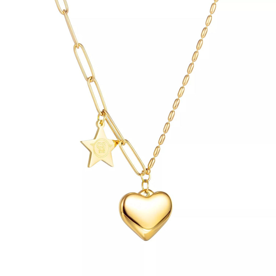 Stainless Steel 16In Link Chain Necklace With Heart Pendant Gold Plated