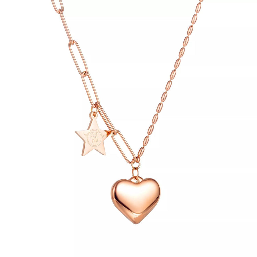 Stainless Steel 16In Link Chain Necklace With Heart Pendant Rose Gold Plated