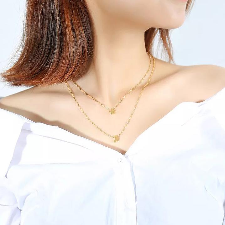 Stainless Steel 18IN Moon/Star Layered Necklace Gold Plated