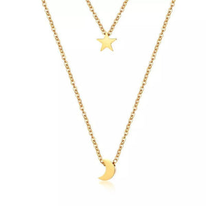 Stainless Steel 18IN Moon/Star Layered Necklace Gold Plated