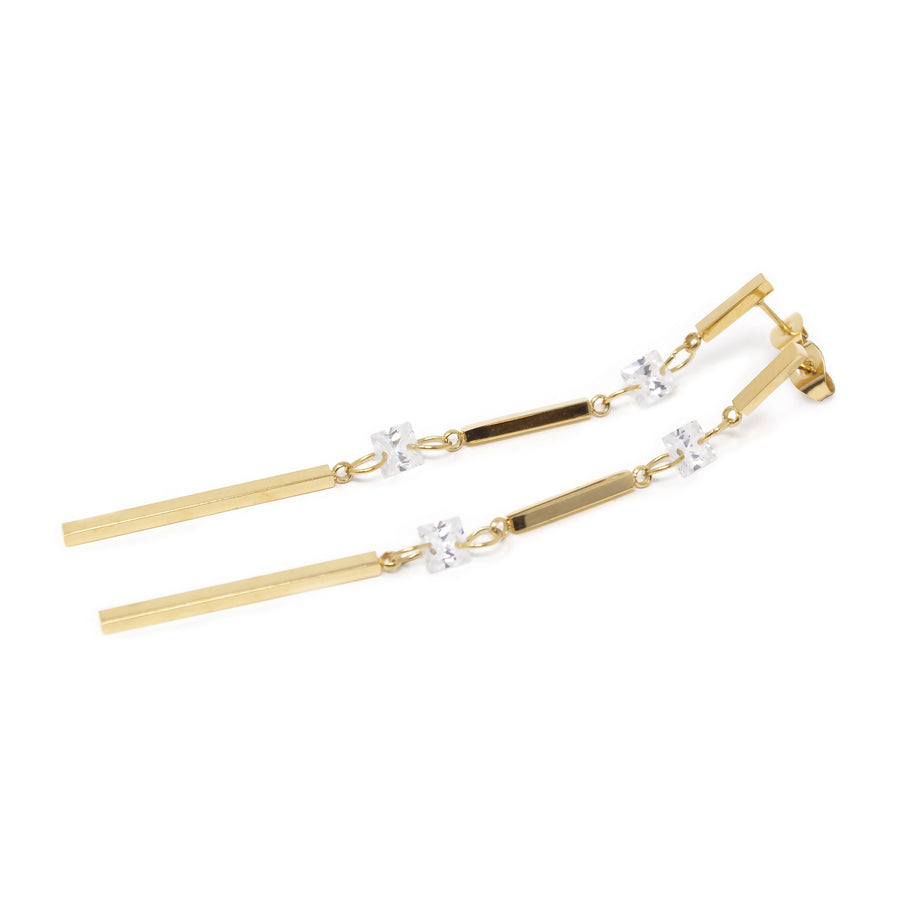 Stainless Steel 18K Gld Pl CZ Strings Post Drop Earrings - Mimmic Fashion Jewelry