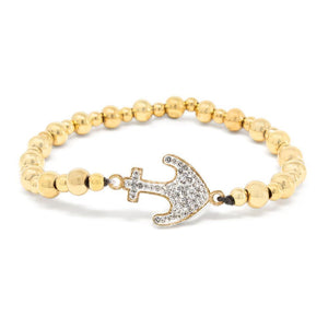 Stainless Steel Anchor Pave Stretch Bracelet Gold Plated - Mimmic Fashion Jewelry