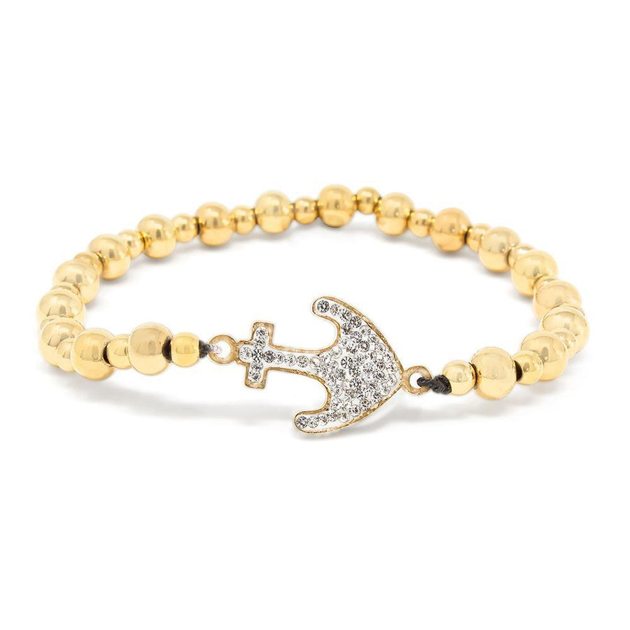 Stainless St Anchor Pave Stretch Bracelet Gold Pl - Mimmic Fashion Jewelry