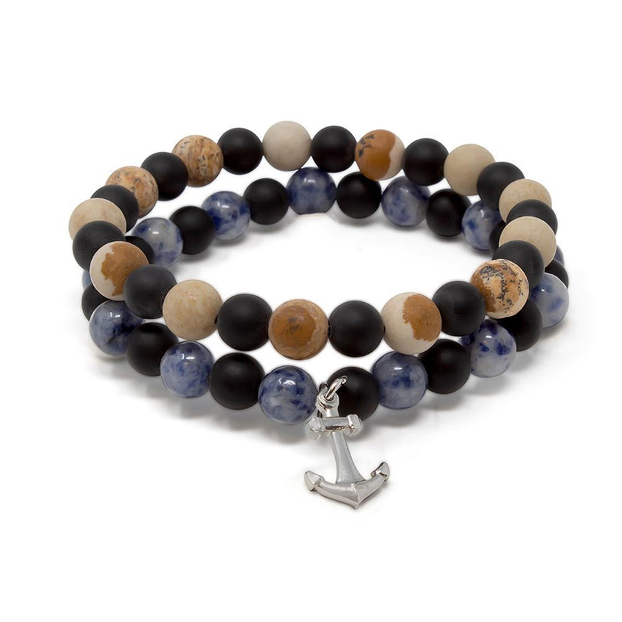 Stainless Steel Anchor Stretch Bracelet Agate/Jasper Set of Two - Mimmic Fashion Jewelry