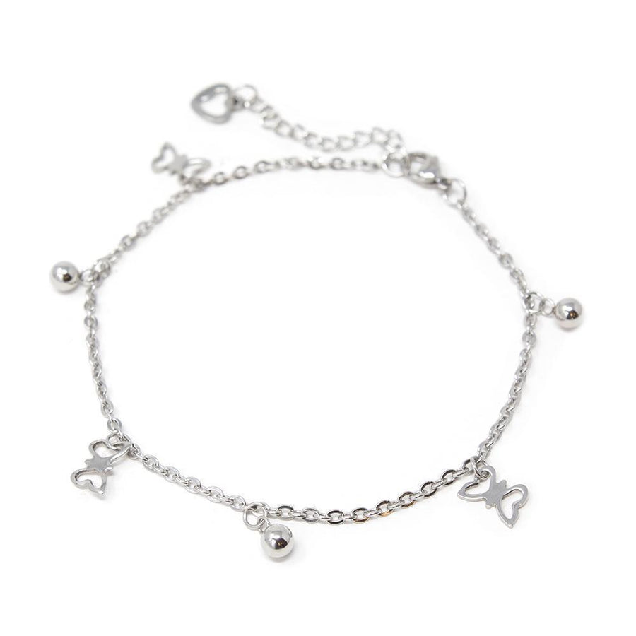 Stainless Steel Anklet with Butterfly and Ball Charms - Mimmic Fashion Jewelry
