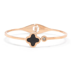 Stainless Steel Bangle Flower Onyx Crystal Rose Gold Plated - Mimmic Fashion Jewelry