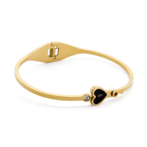 Stainless ST Bangle Heart Key Onyx Crystal Gold Pl - Mimmic Fashion Jewelry